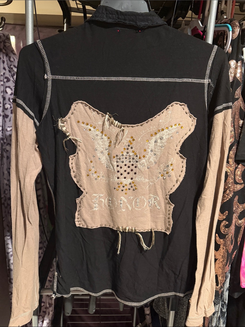 Vintage Miss Me Black & Beige Long Sleeve Women's Top w/ Embellished Back Patch